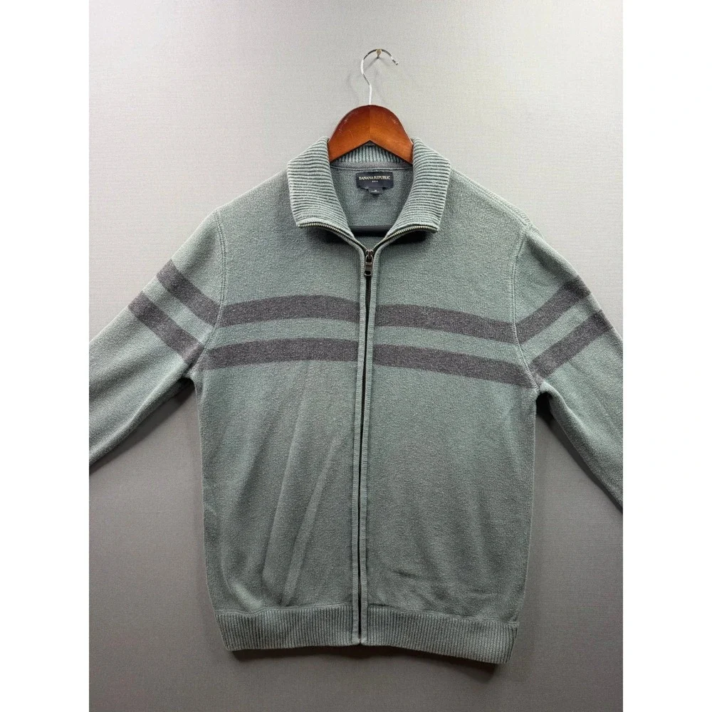 Banana‎ Republic Full Zip Sweater Mens Green Striped Mock Neck M